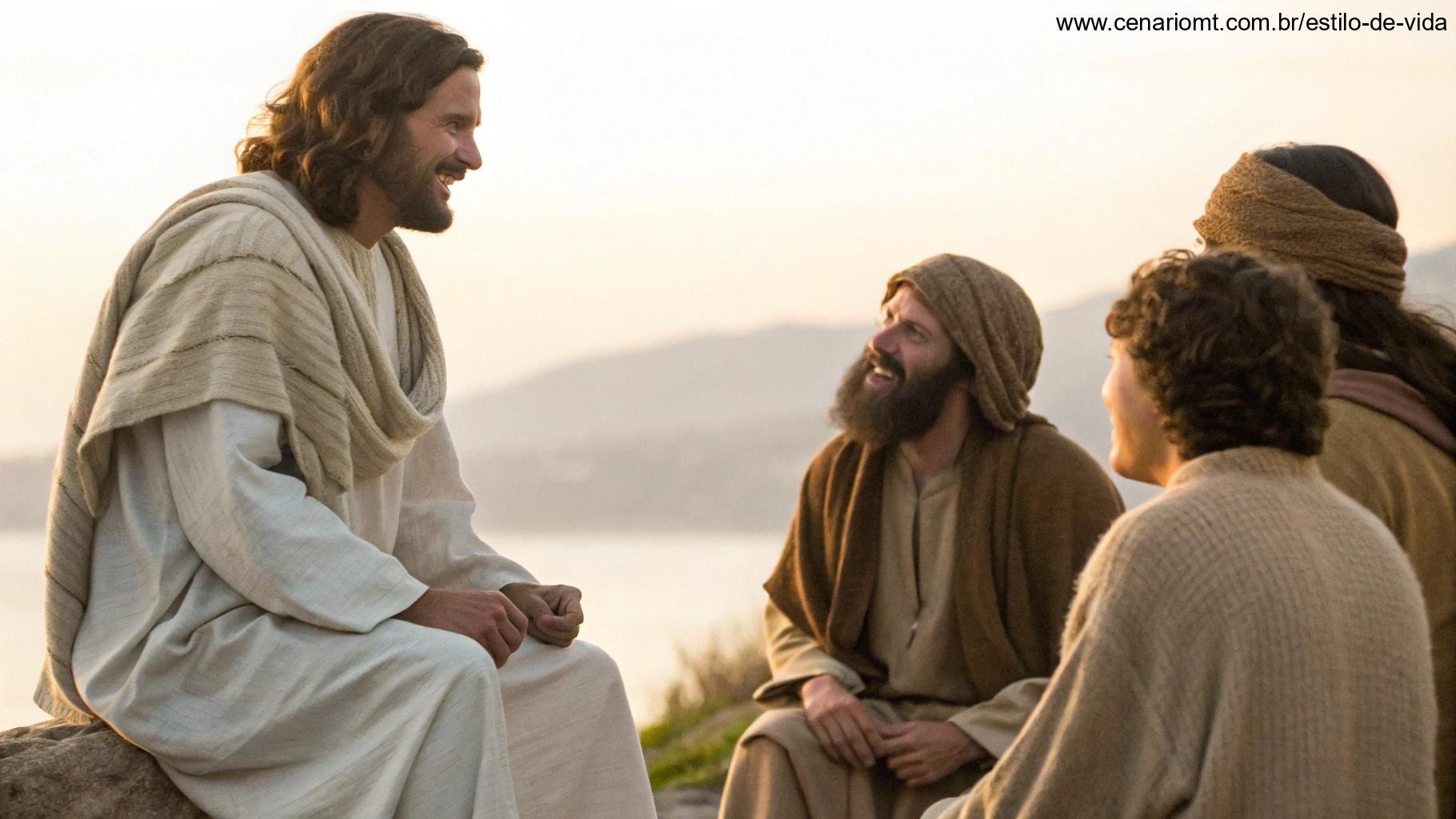 Ilustração inspiradora de Jesus ensinando seus discípulos com expressões de amor e alegria, representando João 15,9-11
