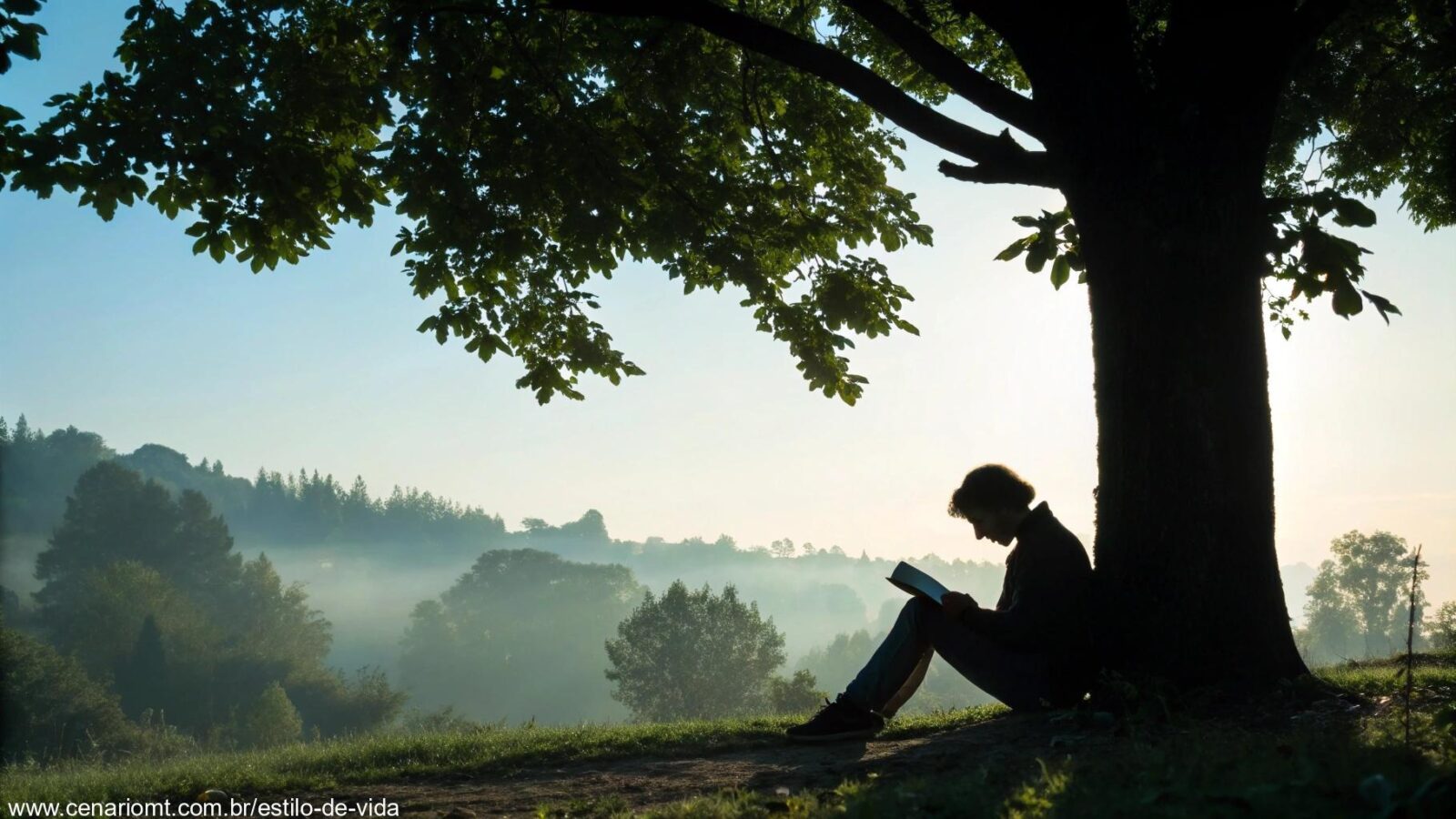 Pessoa lendo a Bíblia ao ar livre em uma manhã tranquila, com luz suave do sol entre as árvores, em um momento de reflexão sobre o Evangelho do Dia 14/05/2025