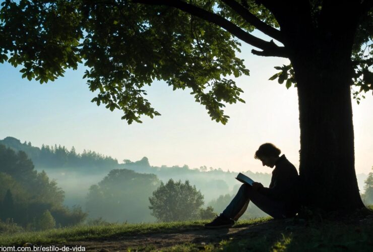 Pessoa lendo a Bíblia ao ar livre em uma manhã tranquila, com luz suave do sol entre as árvores, em um momento de reflexão sobre o Evangelho do Dia 14/05/2025
