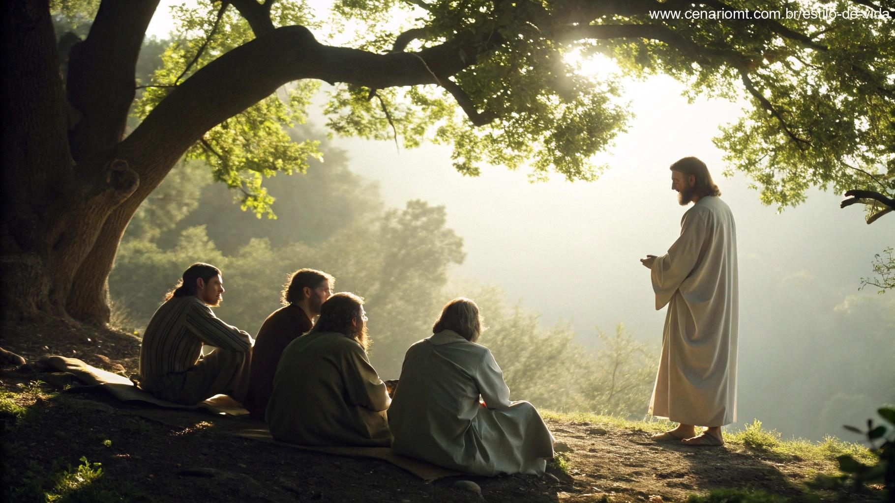 Ilustração inspiradora de Jesus ensinando seus discípulos sob uma árvore, com luz do sol criando uma atmosfera sagrada, destacando a mensagem de João 15, 9-11