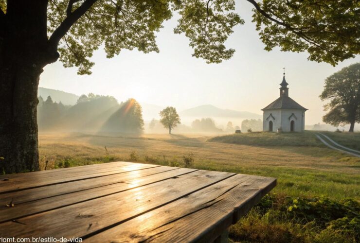 Imagem serena de uma capela no campo com uma Bíblia aberta em uma mesa de madeira, iluminada pela luz suave da manhã, representando a reflexão do Evangelho do dia 15/05/2025