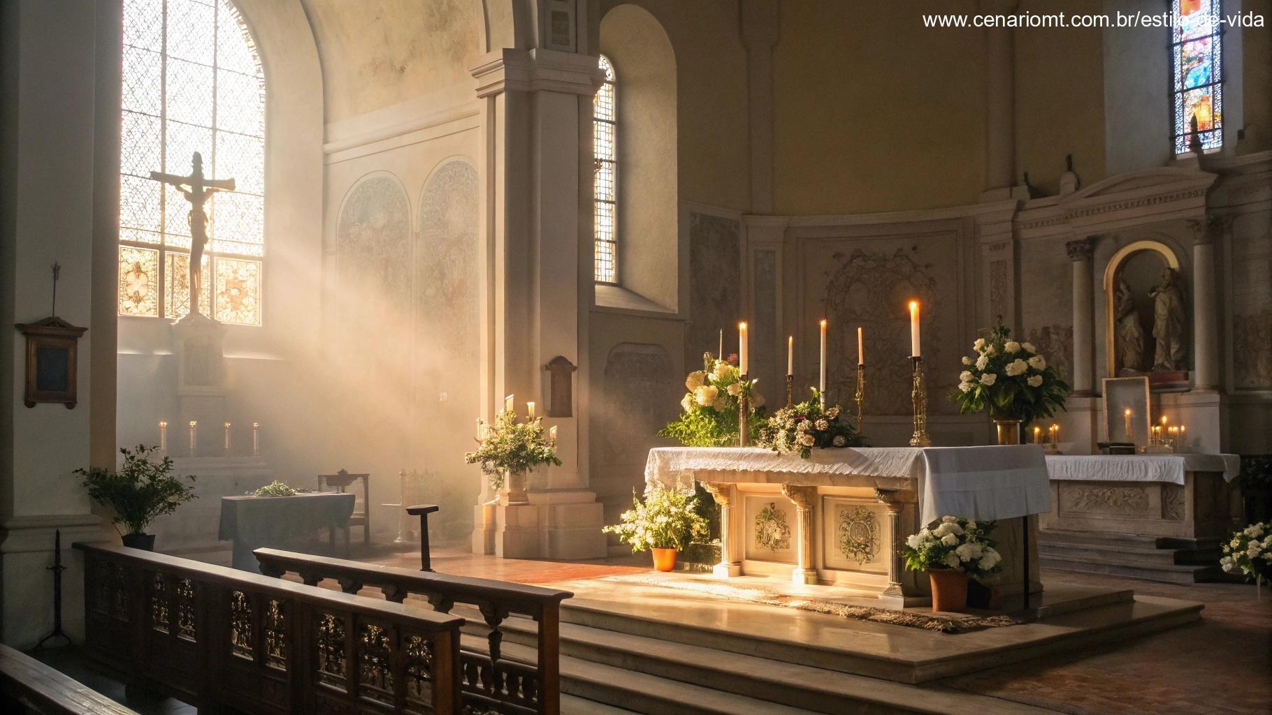 Interior sereno de igreja banhado pela luz da manhã, com altar decorado com velas e flores, atmosfera pacífica e espiritual