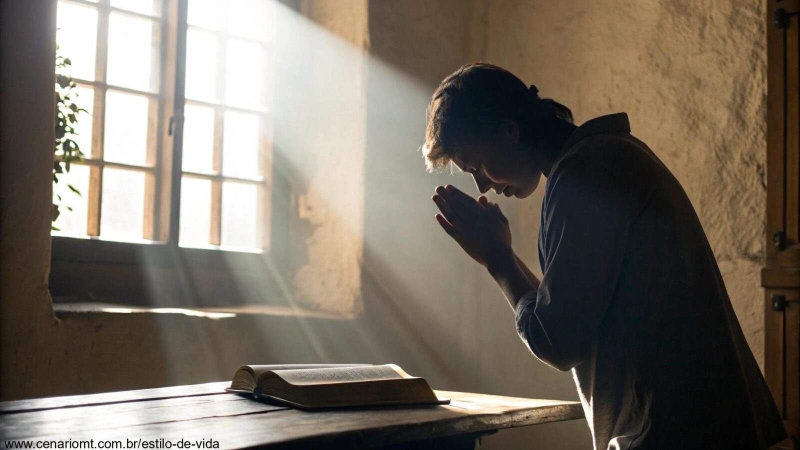 Imagem representando a reflexão e oração do Evangelho do Dia, com uma pessoa rezando em um ambiente tranquilo.