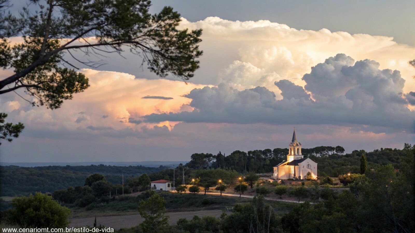 Paisagem serena com uma igreja ao fundo, simbolizando reflexão espiritual e oração.