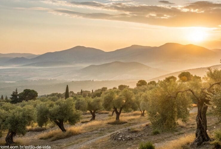 Nascer do sol sereno sobre terras bíblicas antigas com oliveiras e montanhas ao fundo