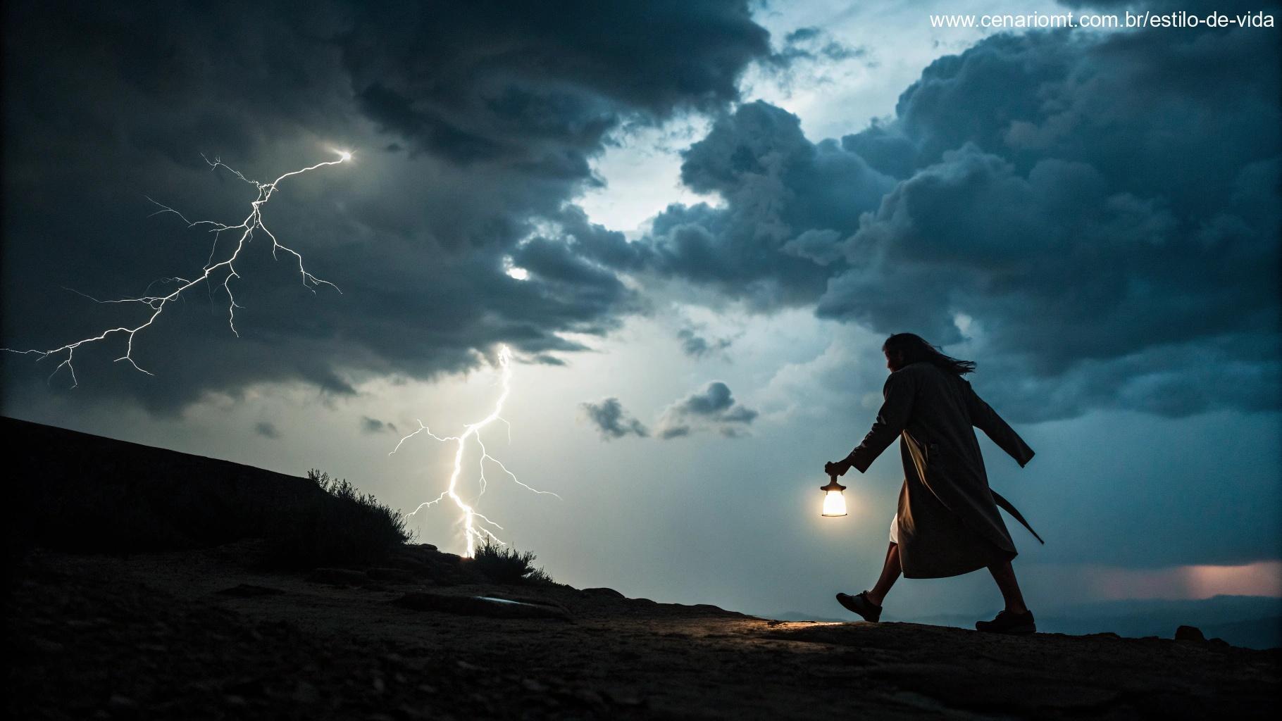 Figura corajosa caminhando pela tempestade, segurando uma luz na mão, simbolizando fé e força em meio à adversidade. Cena com nuvens escuras e raios, mas a figura permanece firme.