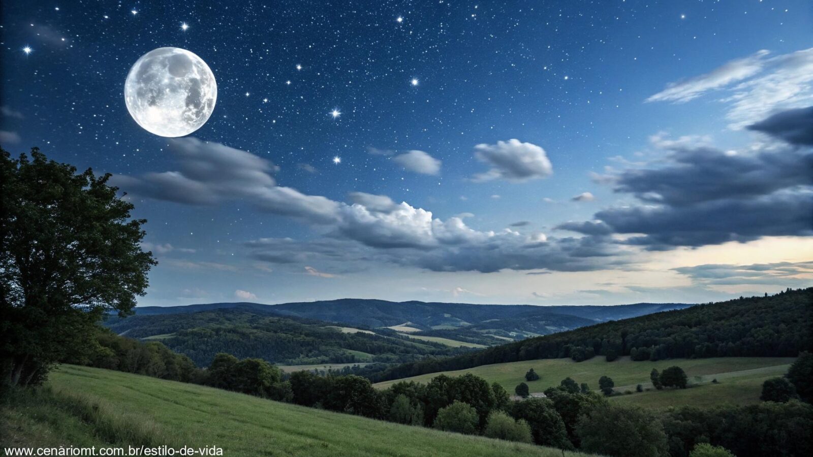 Céu noturno com a Lua em destaque na paisagem rural