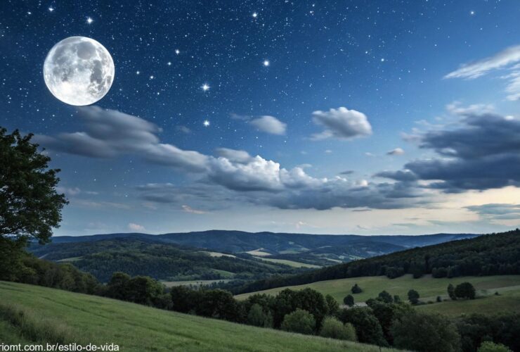 Céu noturno com a Lua em destaque na paisagem rural