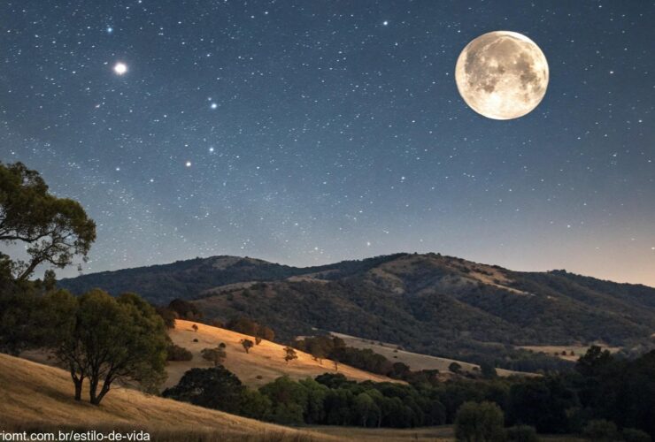 Céu noturno com a fase da Lua visível em 17 de maio de 2025, com estrelas e paisagem natural