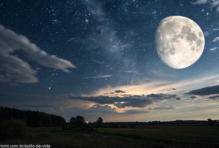 Lua gibosa minguante brilhando no céu noturno com estrelas e nuvens suaves