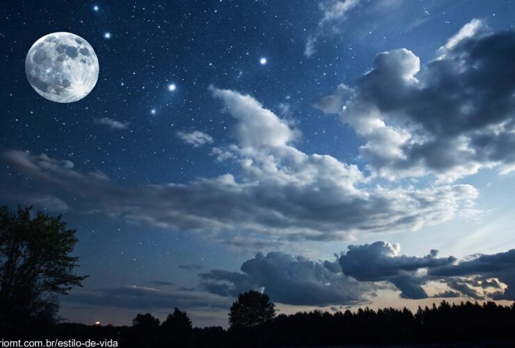 Céu noturno realista com a fase da Lua de hoje, sexta-feira 09 de maio de 2025