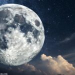 Ilustração realista da Lua cheia iluminando o céu noturno em 13 de maio de 2025, com detalhes visíveis da superfície lunar e estrelas ao redor