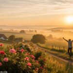 Paisagem rural ao amanhecer com flores e pessoa feliz aproveitando o feriado de 1º de maio