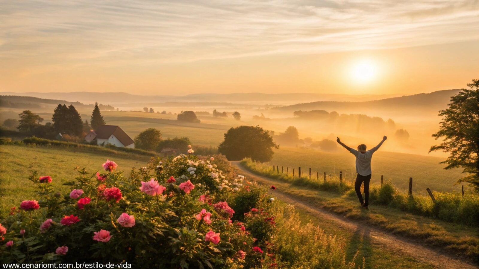 Paisagem rural ao amanhecer com flores e pessoa feliz aproveitando o feriado de 1º de maio
