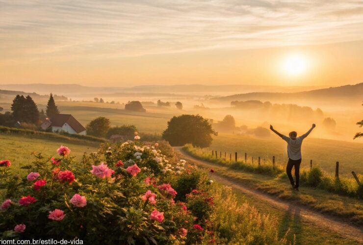 Paisagem rural ao amanhecer com flores e pessoa feliz aproveitando o feriado de 1º de maio