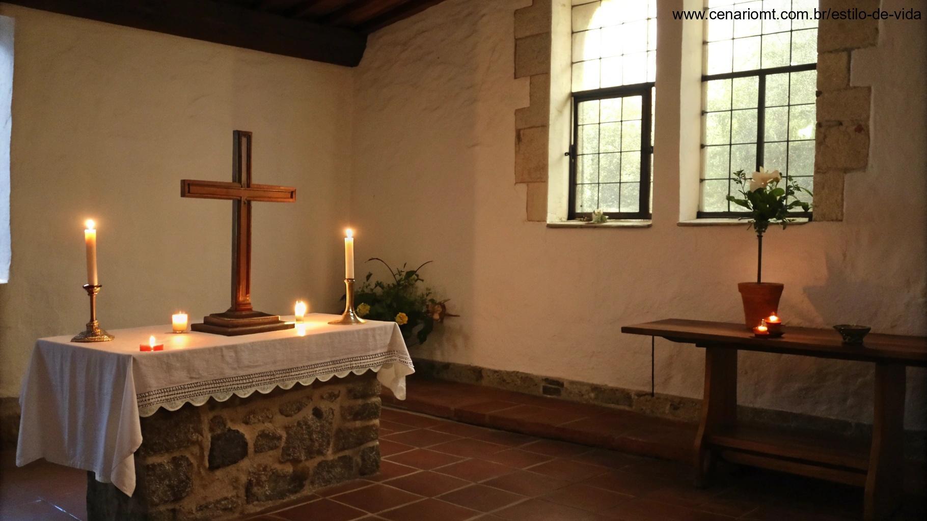 Ambiente tranquilo para oração com luz suave de velas e uma cruz de madeira.