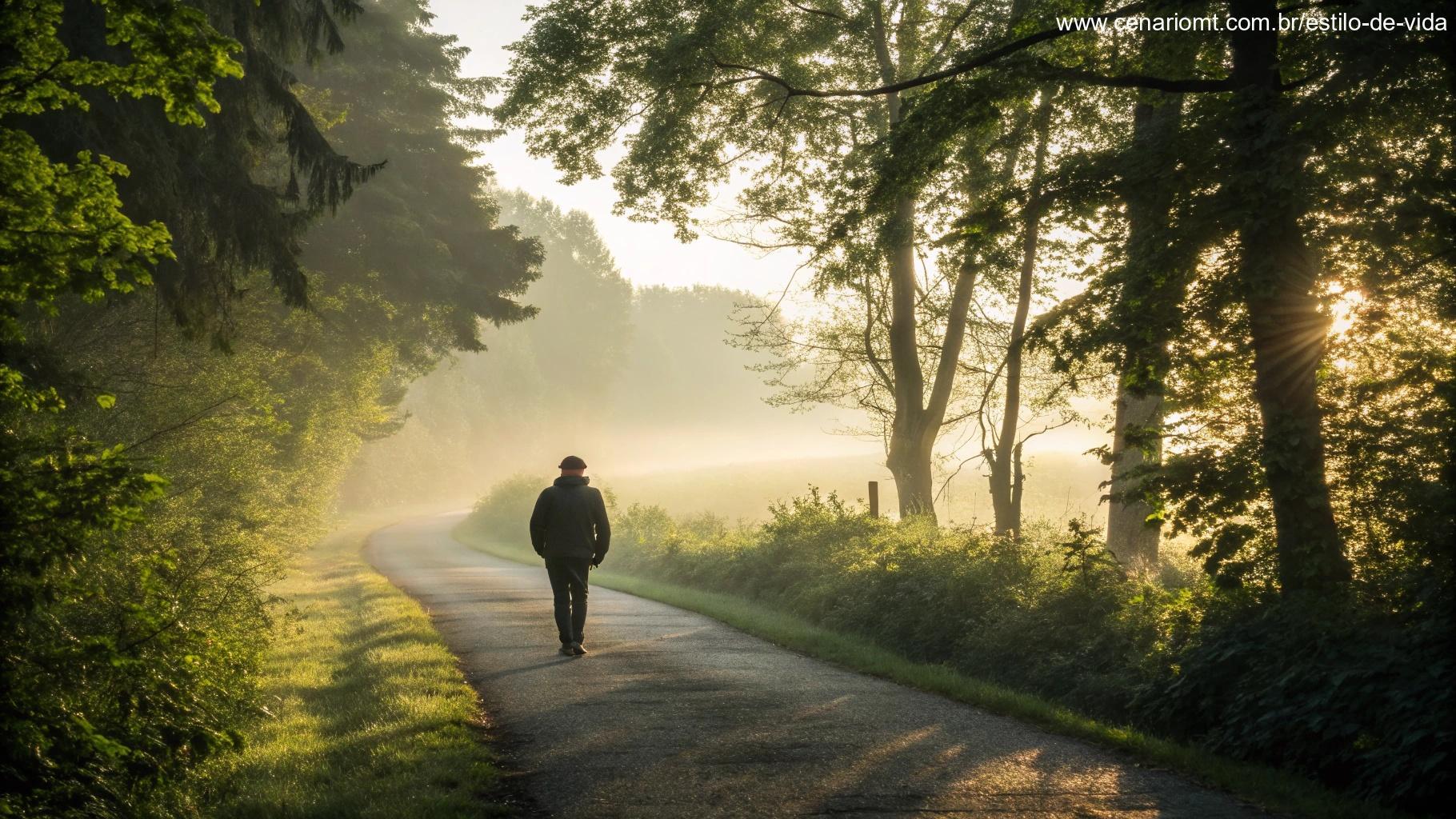 Viajante solitário caminhando por uma trilha na floresta ao amanhecer, representando fé e crescimento espiritual