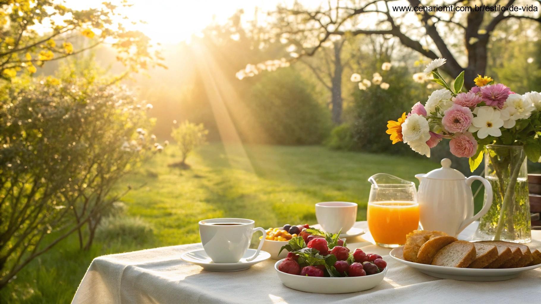 Imagem com frases carinhosas para começar a sexta-feira com o pé direito, com uma mesa de café da manhã e luz do sol
