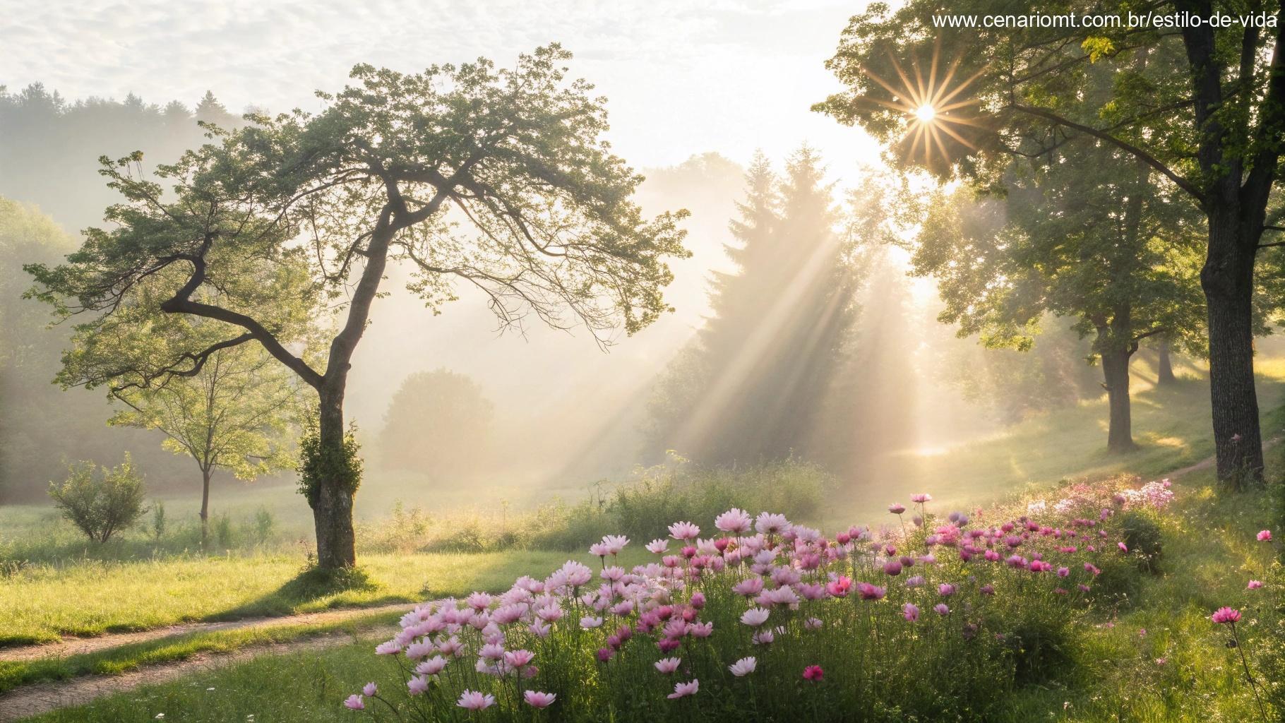 Uma manhã clara com cores suaves e pastéis, com elementos como flores, luz do sol e um ambiente tranquilo, simbolizando citações inspiradoras e elevadoras para uma manhã abençoada de terça-feira.