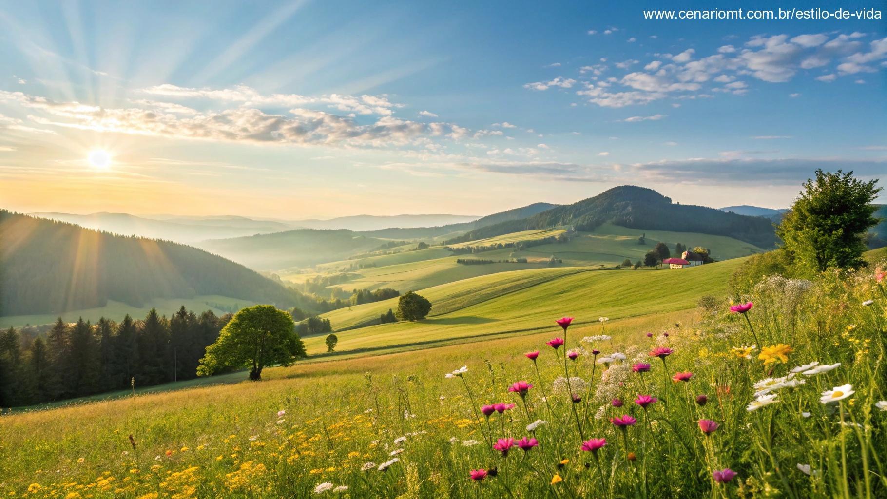 Paisagem matinal brilhante e alegre com flores desabrochando, céu azul claro, raios de sol iluminando o campo tranquilo, evocando positividade e sensação de sábado abençoado, sem texto ou números