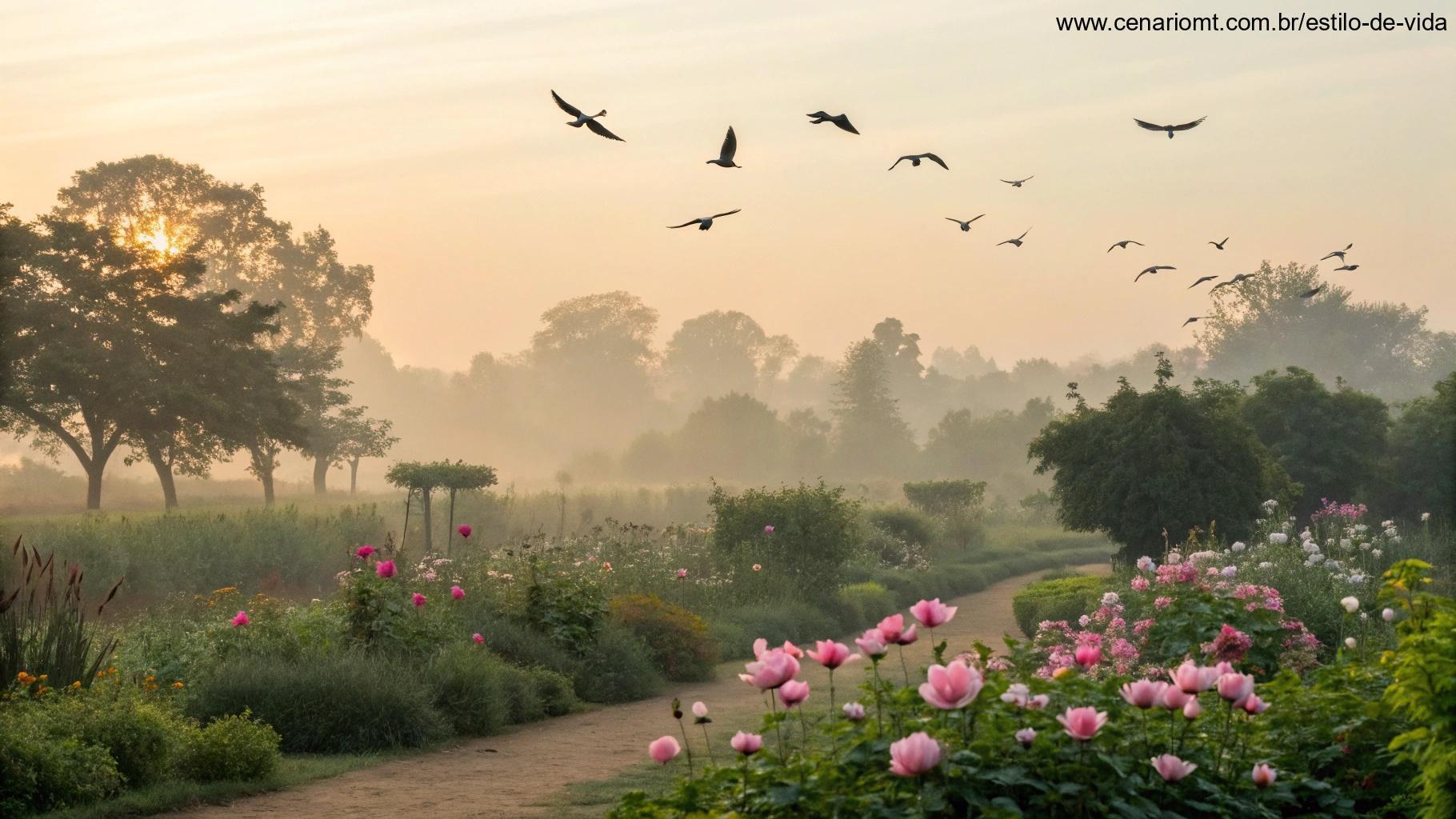 Amanhecer suave de sábado em um jardim florido e tranquilo