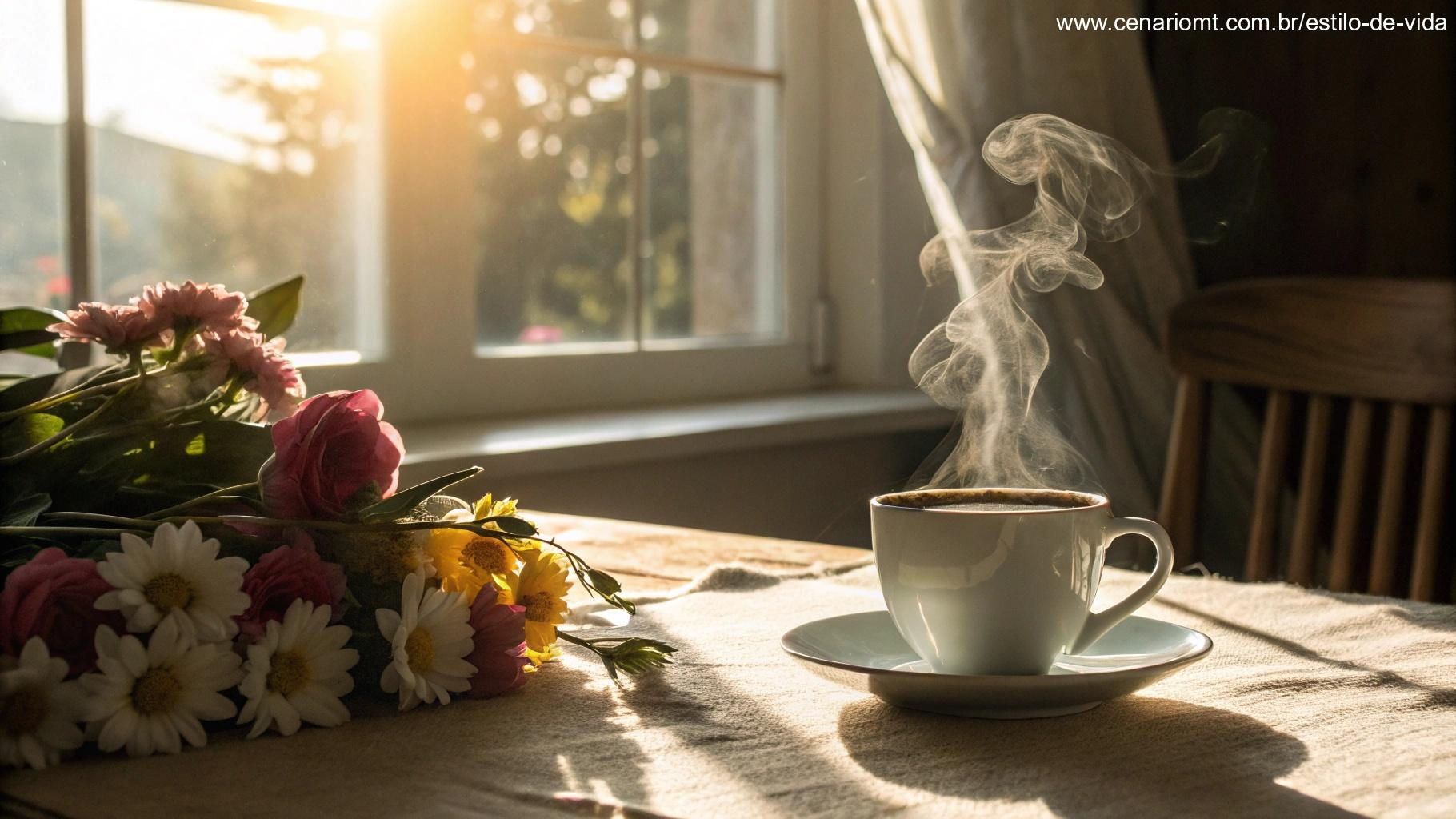 Cenário de manhã aconchegante com café e flores, irradiando positividade
