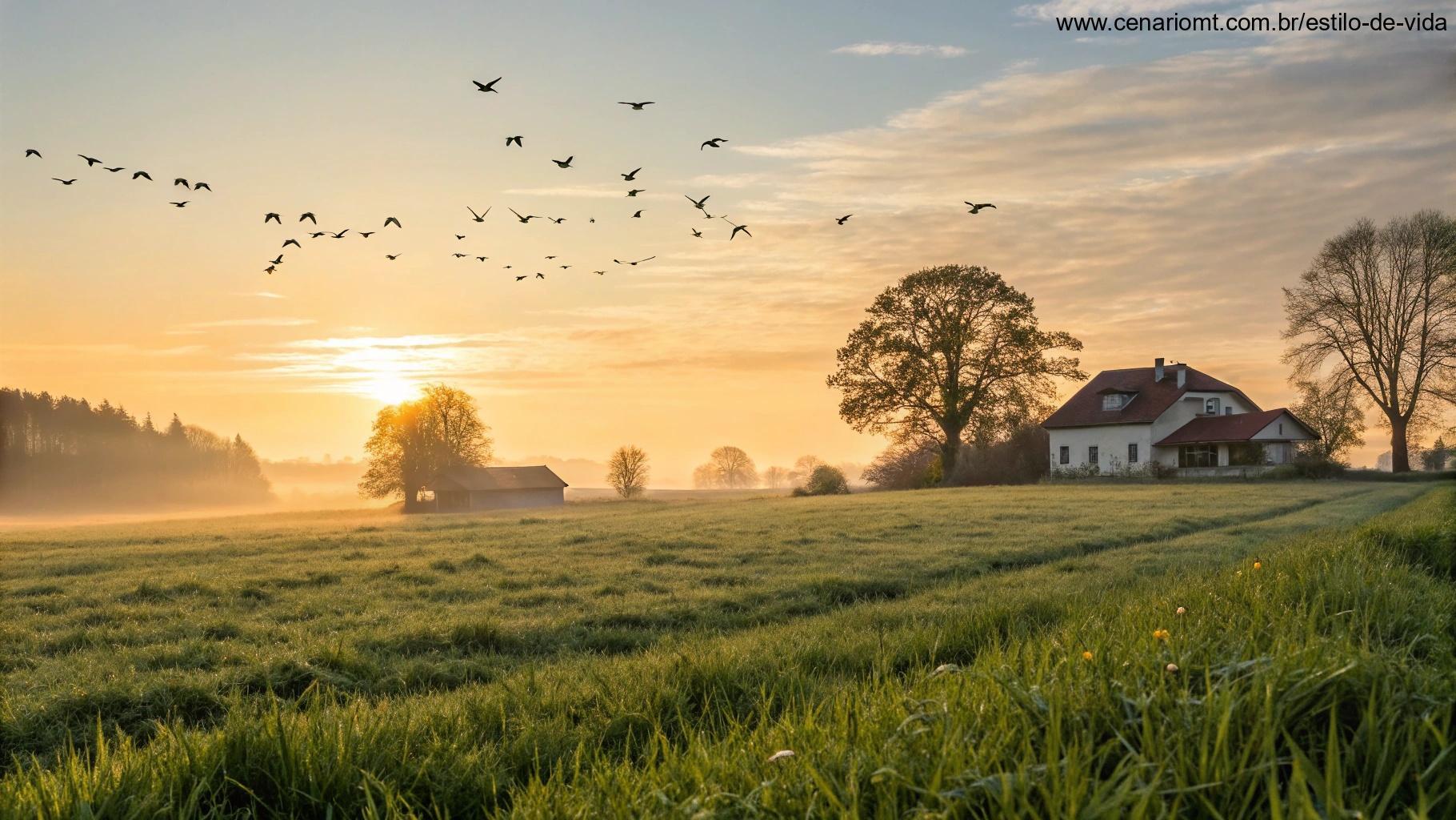 Nascer do sol no campo em um domingo calmo com pássaros e natureza