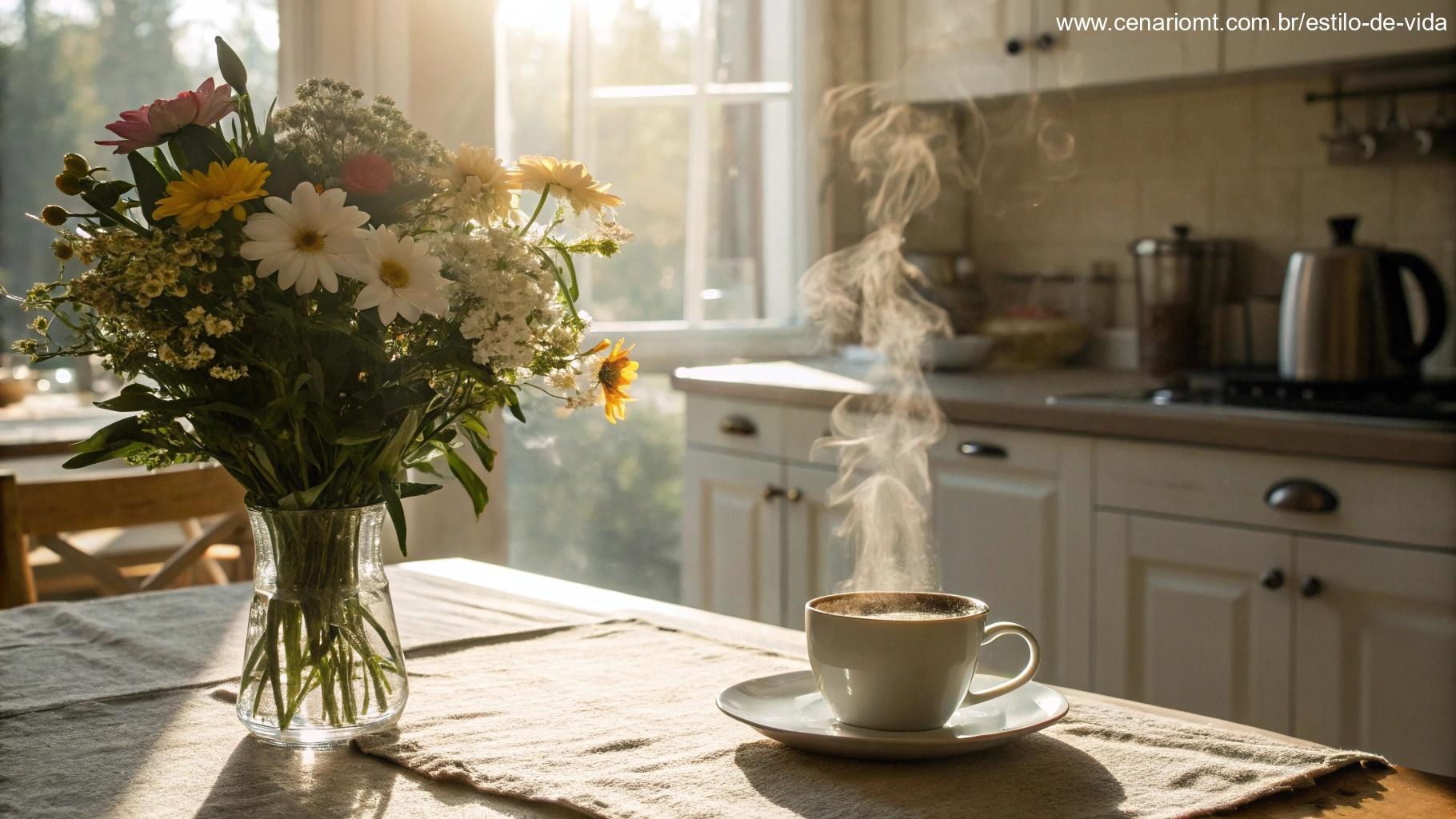 Mesa de café da manhã acolhedora com flores e luz do sol de quarta-feira