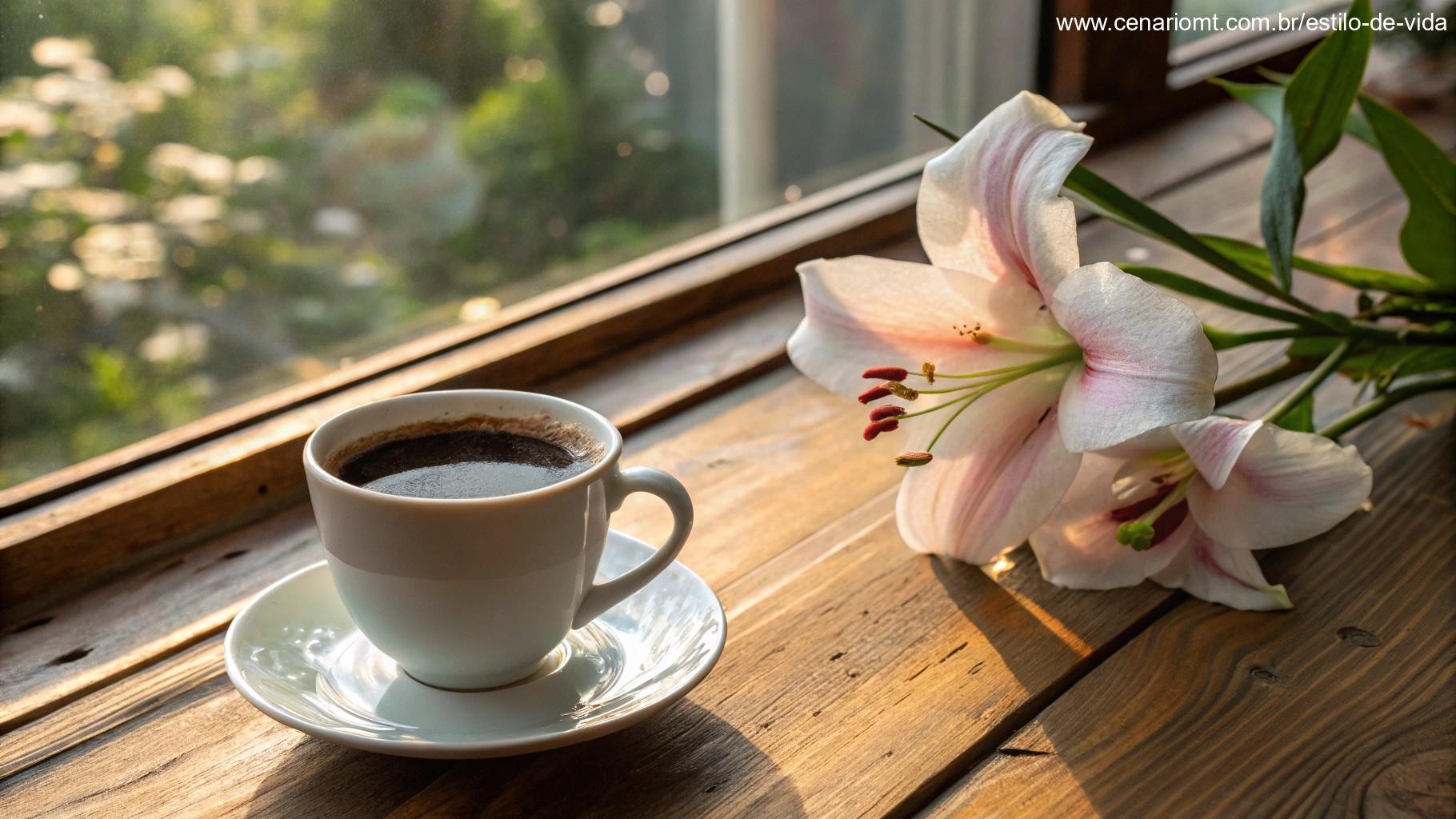 imagem de uma xícara de café em uma mesa de madeira, com flores e luz suave da manhã