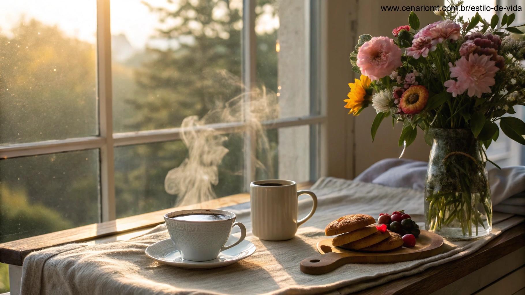 Café da manhã acolhedor com luz suave entrando pela janela em uma quinta-feira