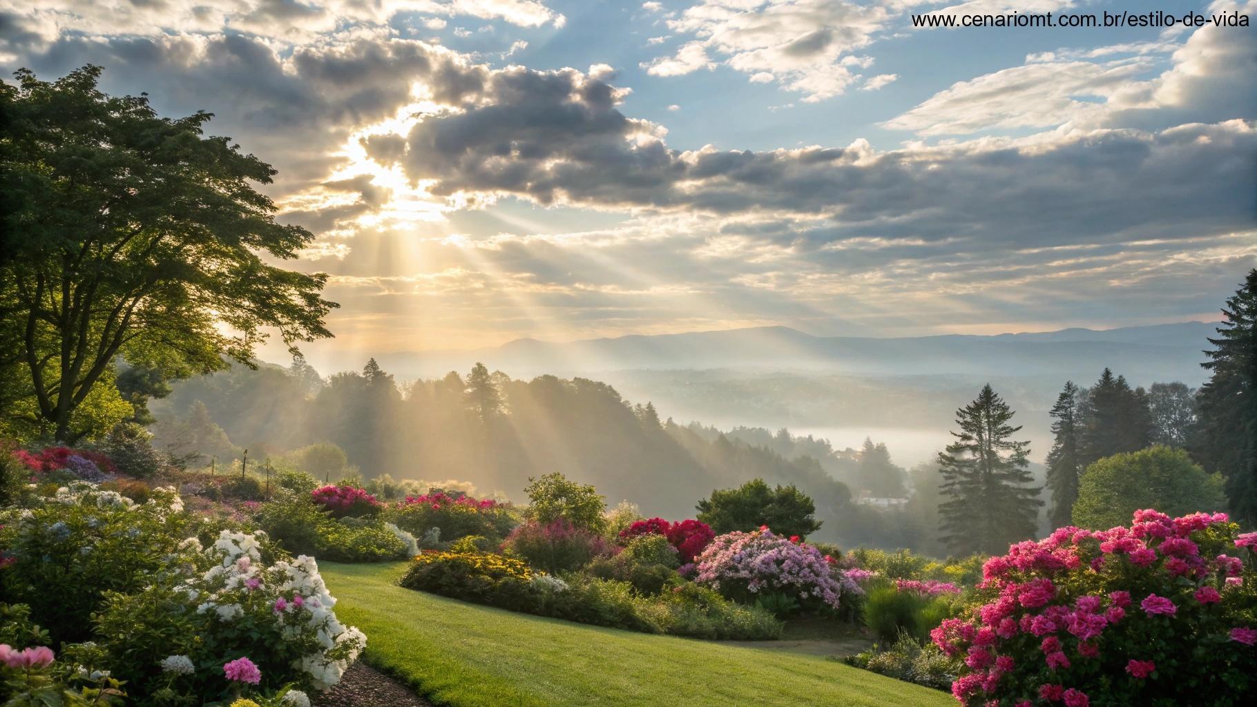 Cena matinal brilhante e inspiradora com sol entre nuvens leves, flores coloridas florescendo em jardim sereno, e raios suaves iluminando ambiente calmo que inspira positividade para quinta-feira em maio de 2025