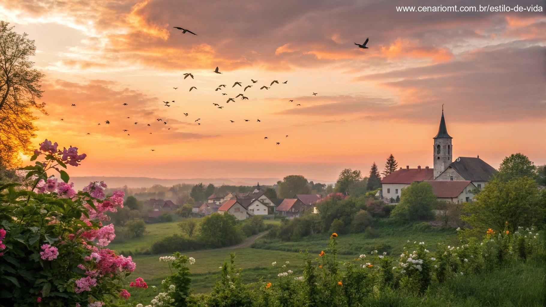 Nascer do sol alegre em um sábado com natureza florescendo e pássaros voando