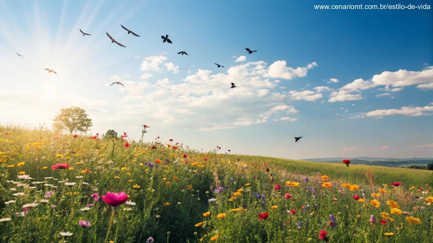 Uma cena matinal vibrante com luz do sol brilhante iluminando um campo de flores silvestres coloridas, céu azul claro com algumas nuvens brancas fofas, pássaros voando suavemente ao longe