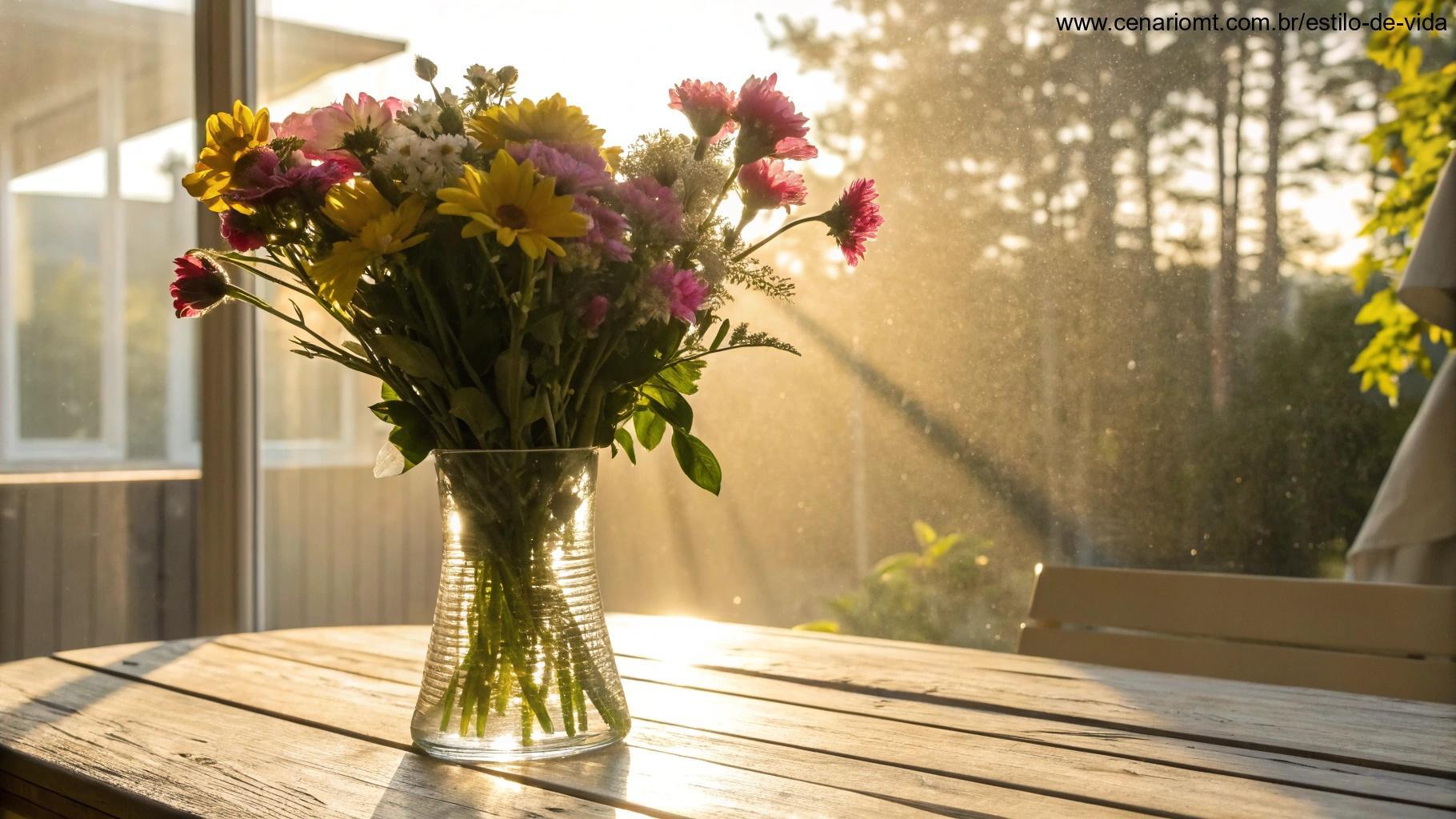 Manhã alegre com flores em um vaso sobre a mesa, luz do sol iluminando e criando uma atmosfera acolhedora.
