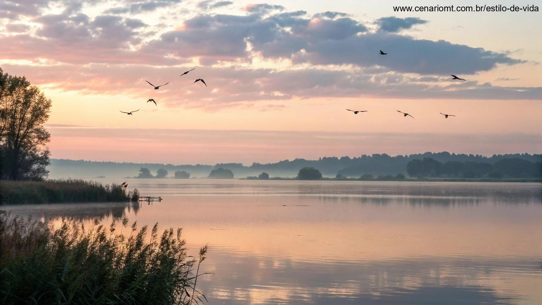Nascer do sol sereno sobre um lago calmo com cores pastéis no céu, pássaros voando pacificamente e reflexos suaves na água, transmitindo tranquilidade e energia positiva