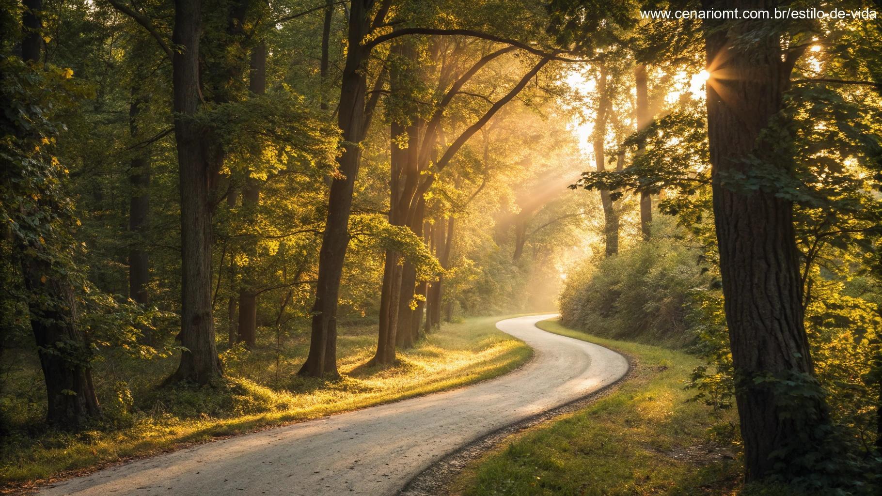Caminho sinuoso através de uma floresta com luz dourada filtrando pelas folhas