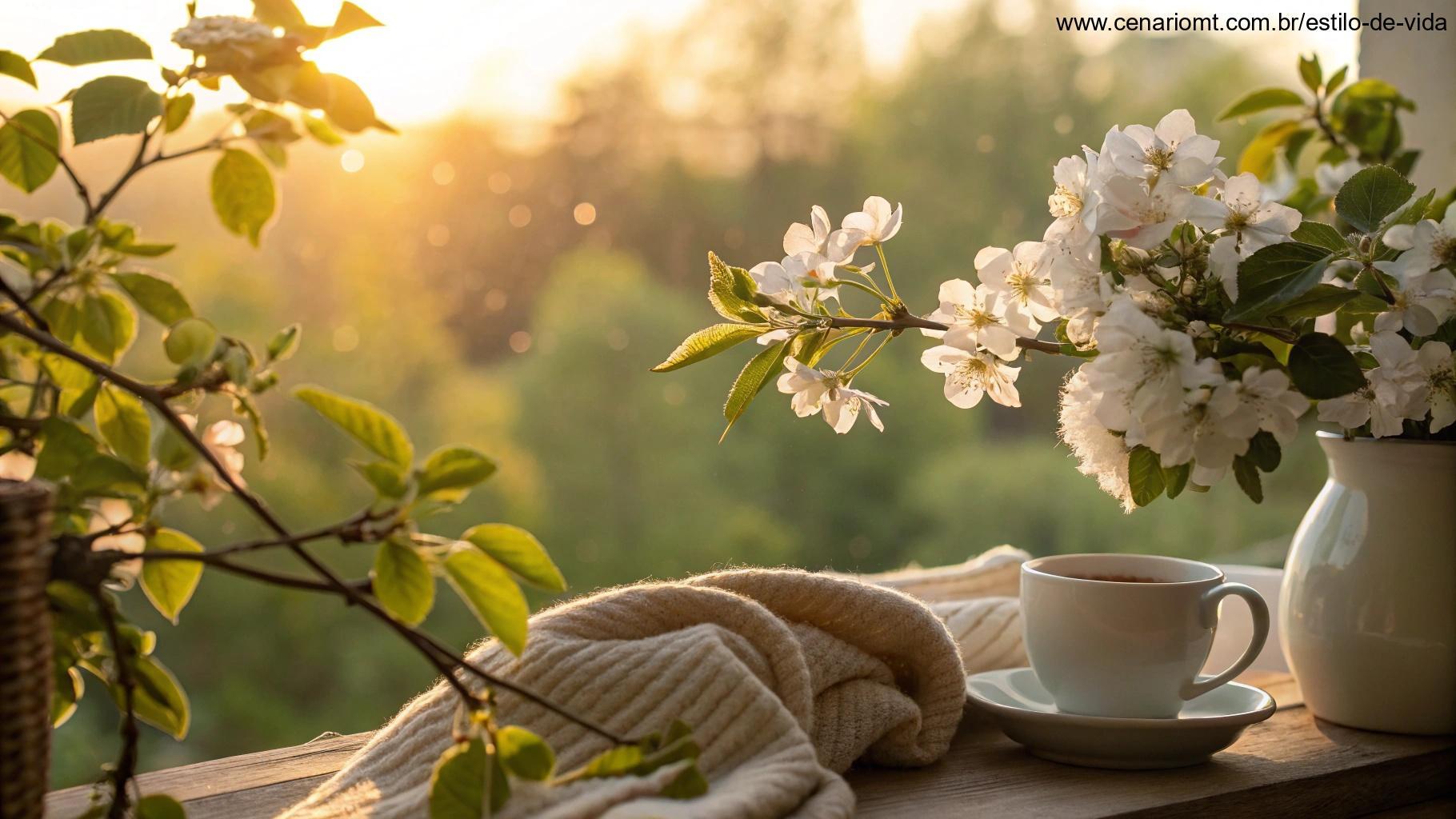 Ambiente aconchegante com luz do sol quente filtrando pelas folhas verdes, foco suave em flores desabrochando e elementos naturais delicados, clima convidativo e terno refletindo carinho e cuidado