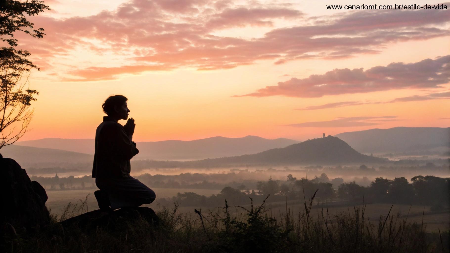 Paisagem serena de um nascer do sol com a silhueta de uma pessoa orando, simbolizando fé e positividade para o dia que está por vir.