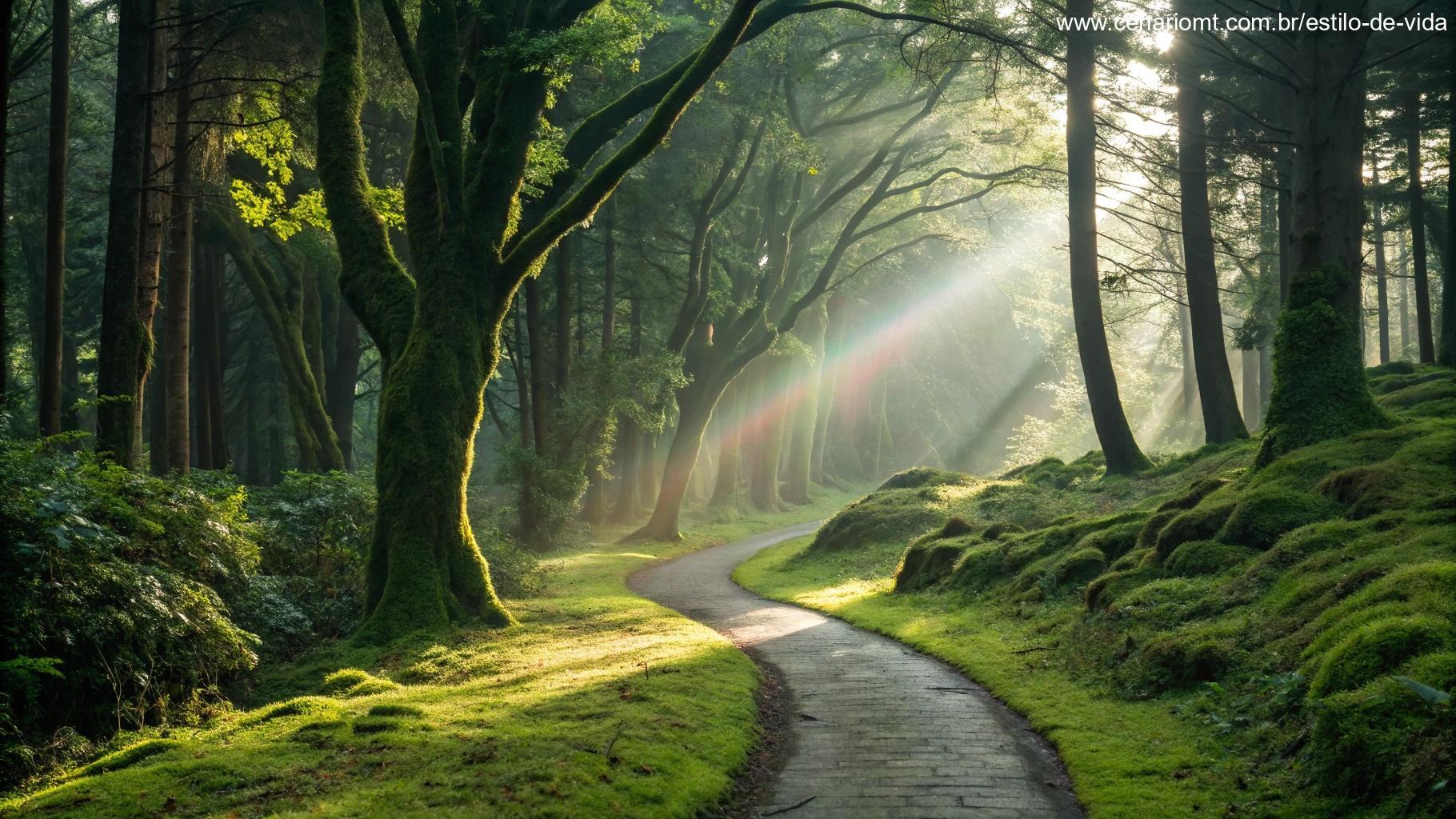 Caminho sinuoso através de floresta verde com raios de sol atravessando as árvores e arco-íris ao fundo