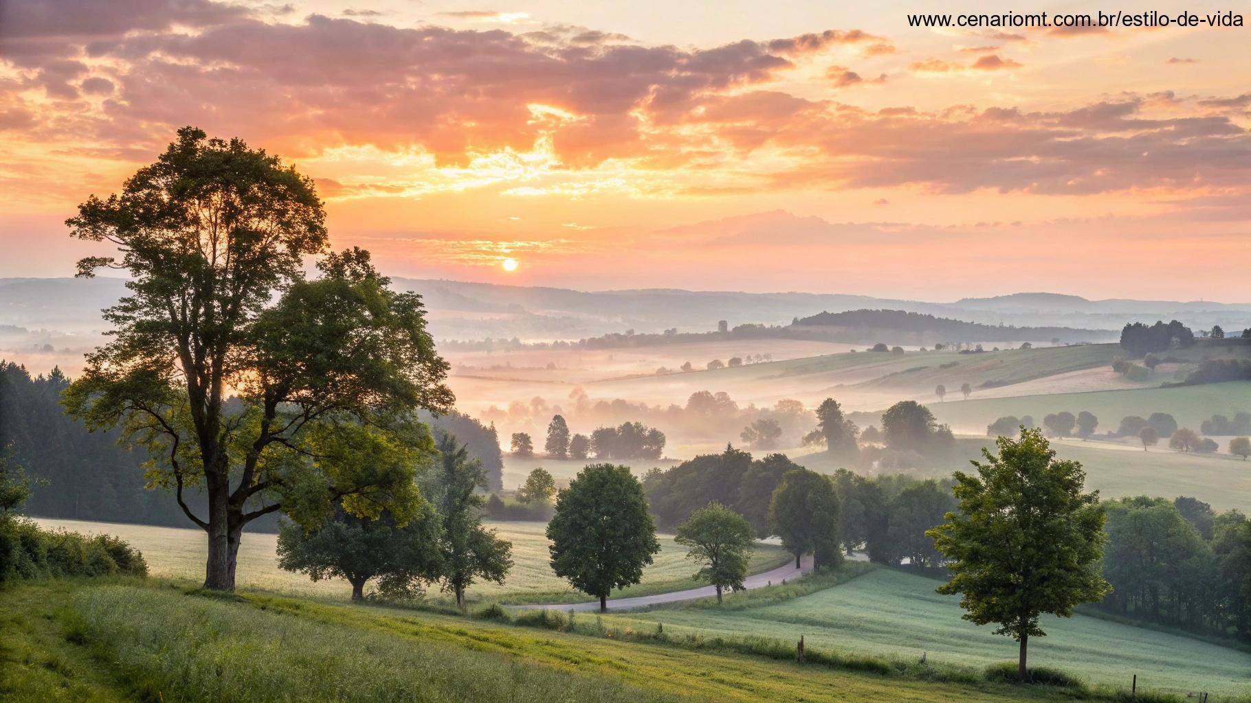 Amanhecer com luz suave entre árvores e paisagem campestre abençoada