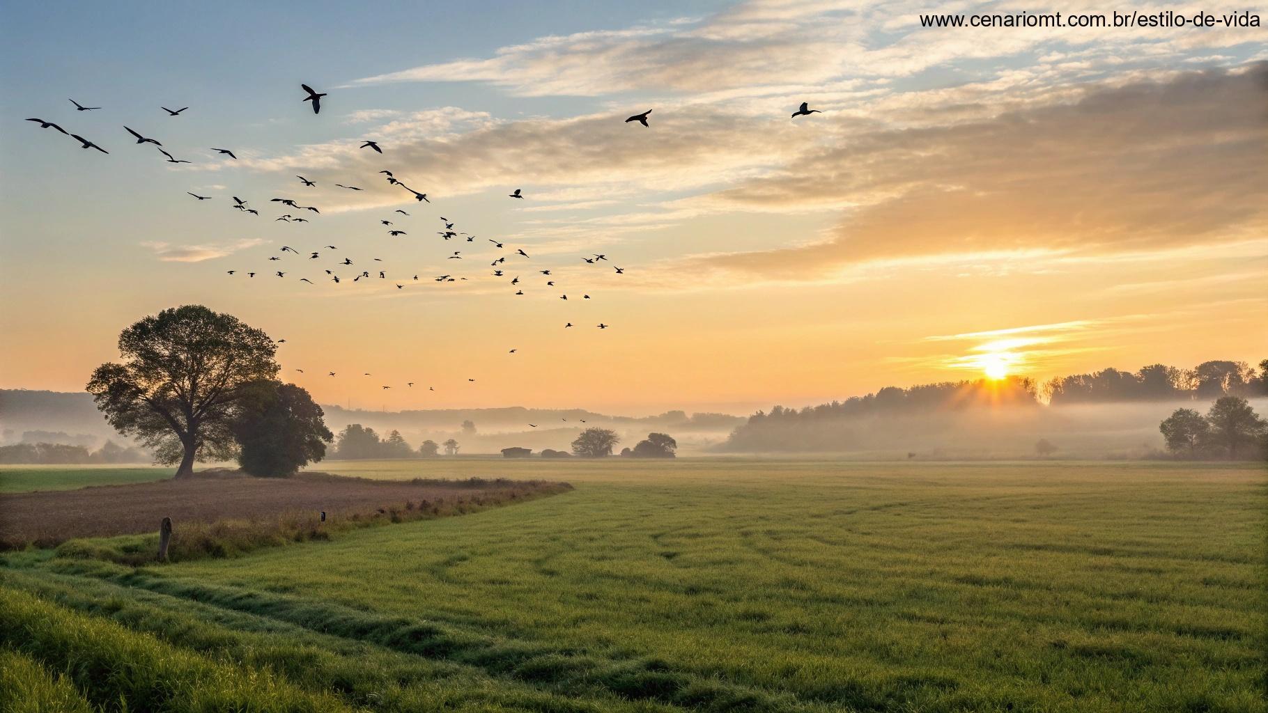 amanhecer calmo de sábado com pássaros voando e luz suave