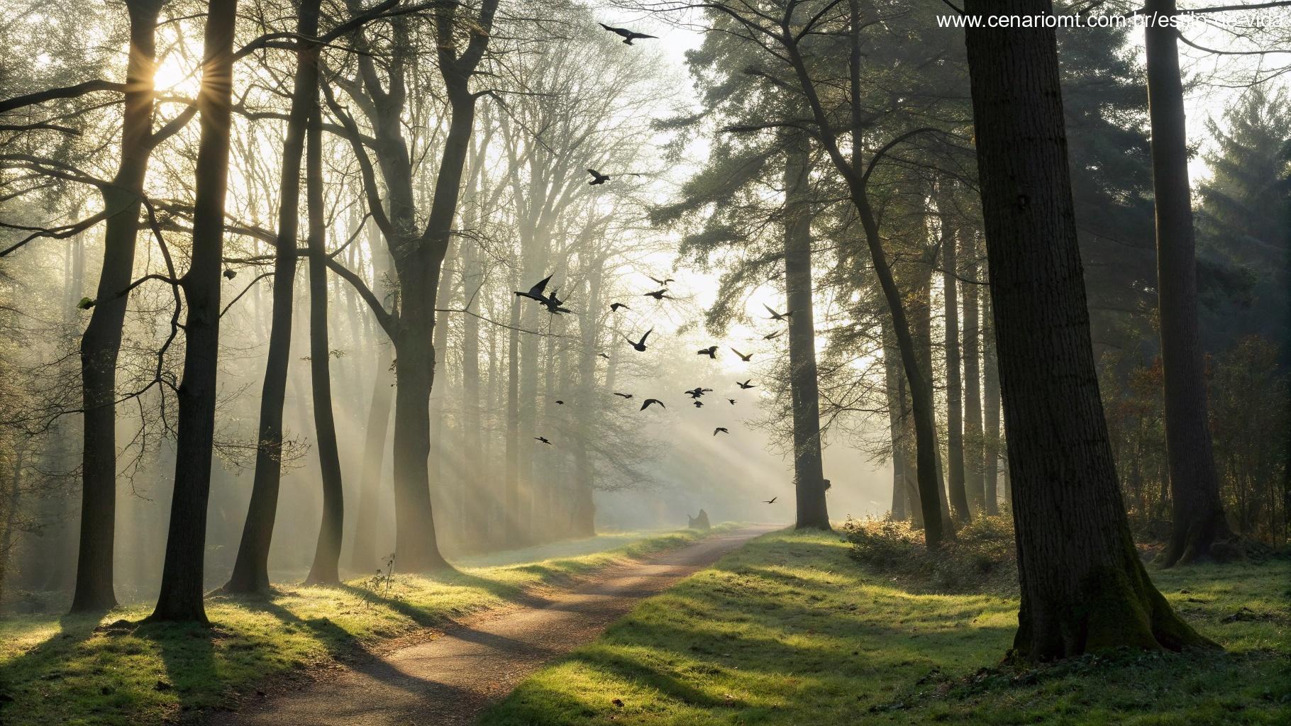 Luz da manhã atravessando as árvores de uma floresta com pássaros voando e clima inspirador