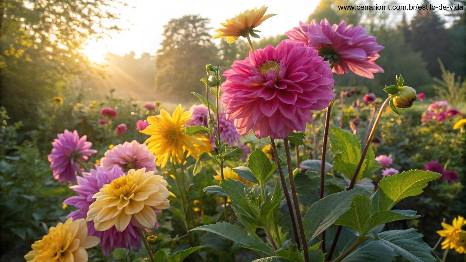 Flores vibrantes em um jardim iluminado pela luz da manhã, simbolizando inspiração e esperança para a segunda-feira