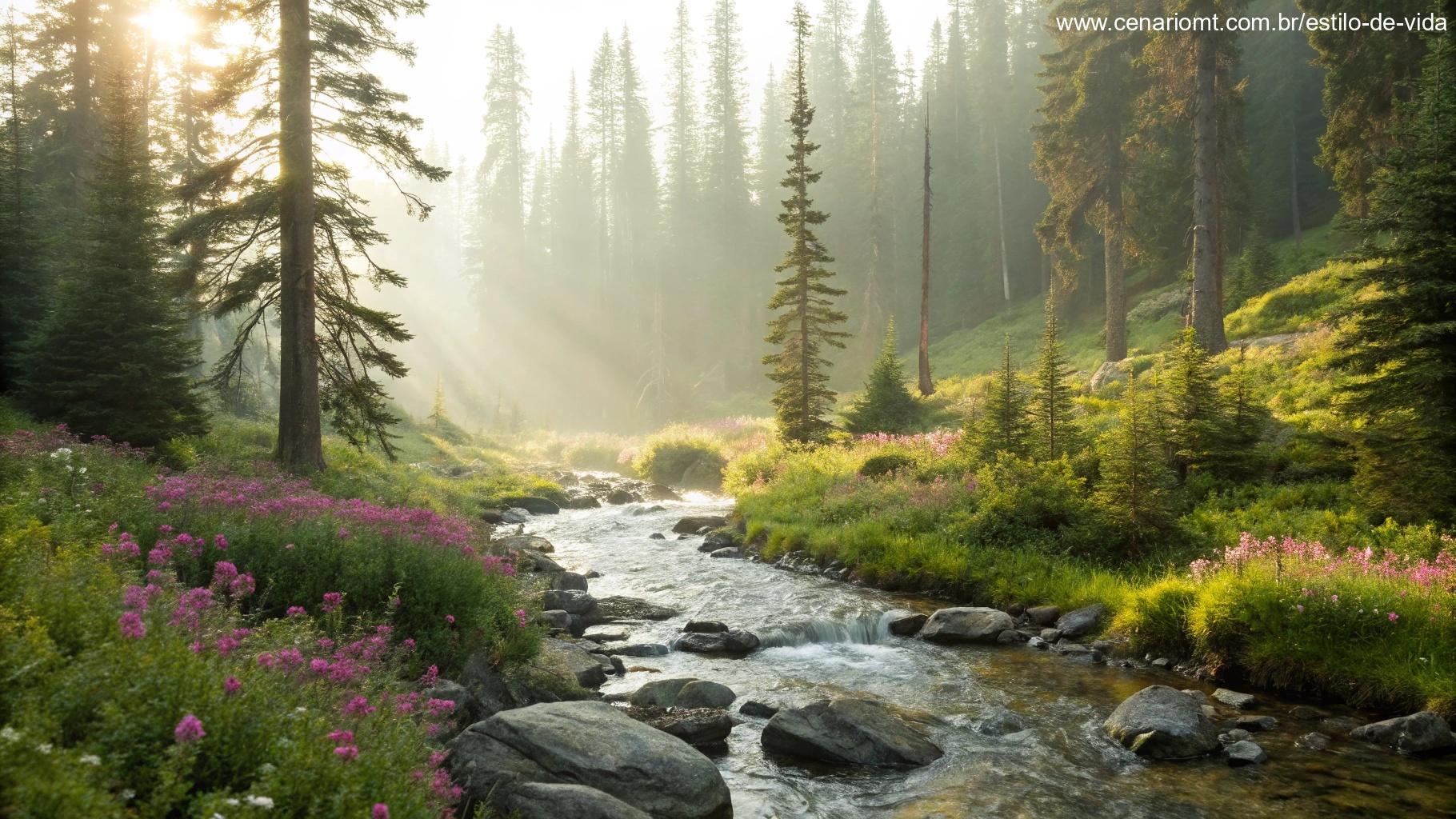 Paisagem natural serena com luz suave passando por árvores altas em uma floresta, um riacho suave correndo sobre pedras lisas, flores silvestres coloridas florescendo perto da água, evocando paz, inspiração e calma espiritual para compartilhar em grupos religiosos