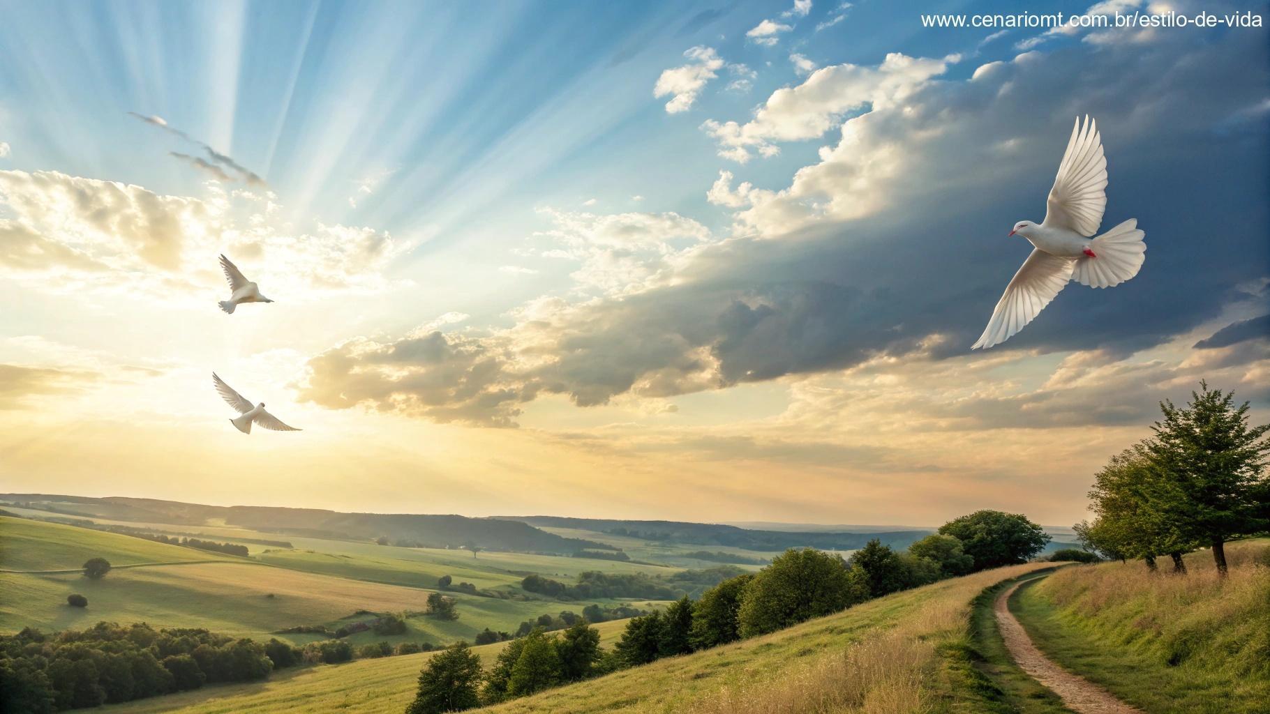 Imagem de um céu matinal claro com nuvens suaves e pombas voando, com palavras inspiradoras sobre fé e bondade