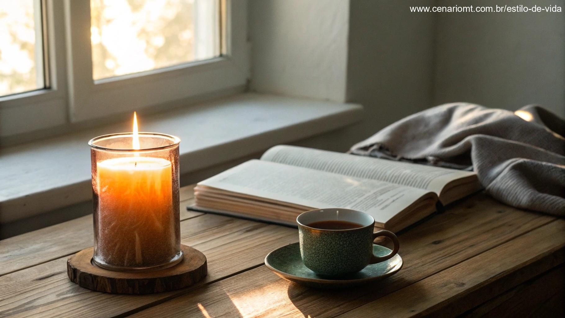 uma vela brilhante e quente sobre uma mesa de madeira ao lado de um livro aberto e uma xícara de chá, com luz suave do sol entrando pela janela, evocando inspiração e tranquilidade