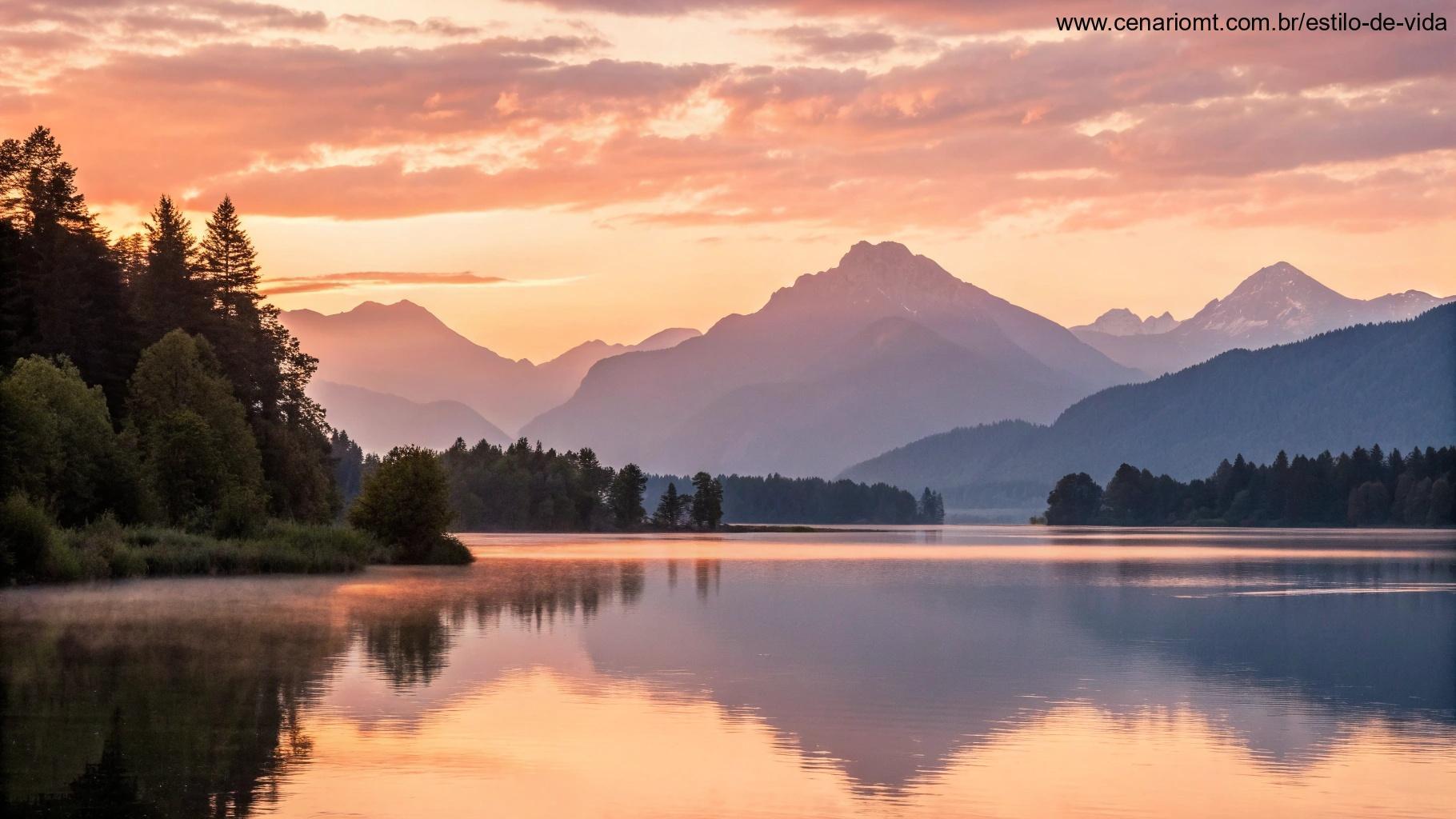 Um nascer do sol calmo e inspirador sobre um lago tranquilo com montanhas ao fundo.