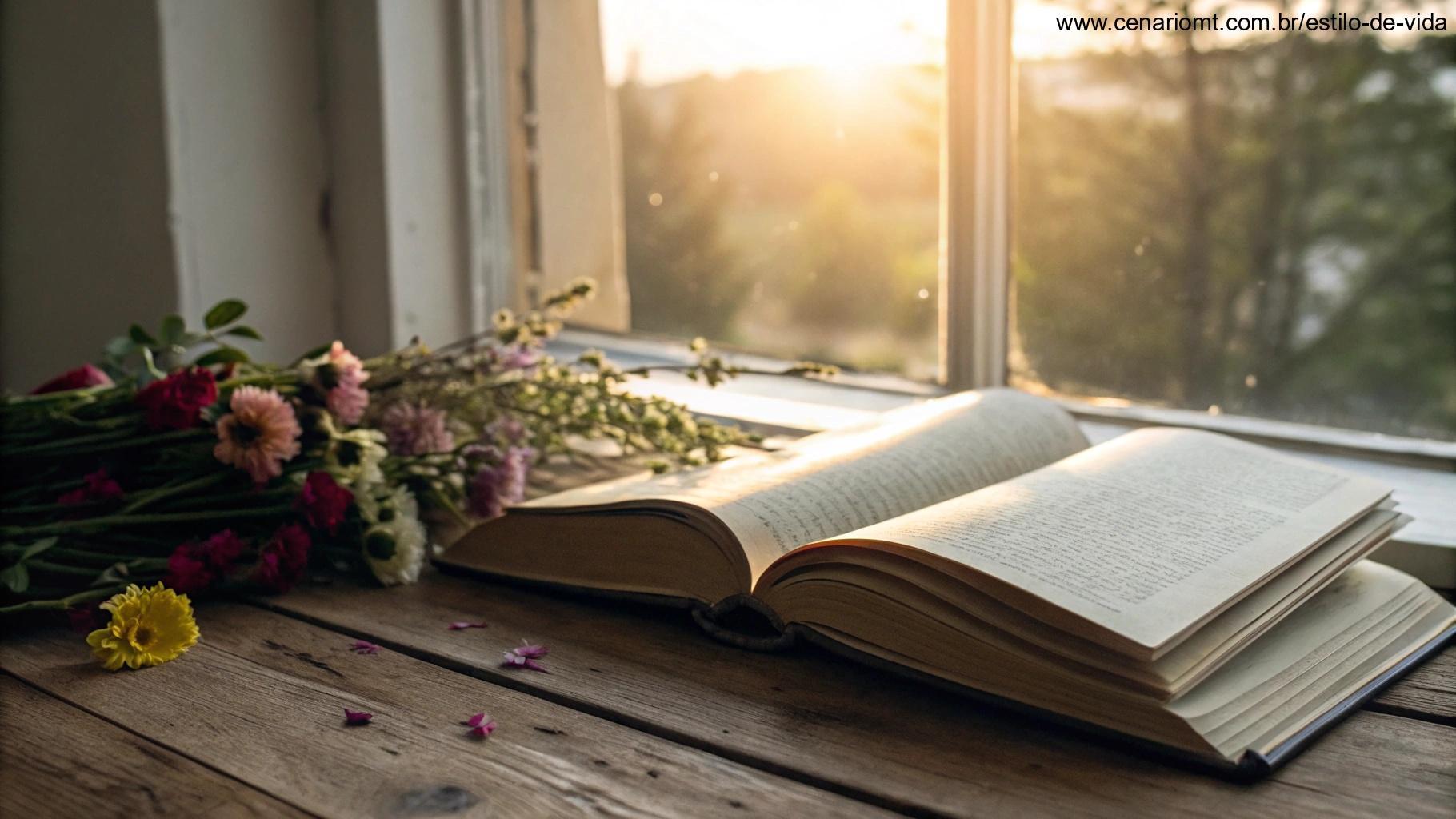 Livro aberto com páginas iluminadas em uma mesa de madeira, cercado por flores e luz do sol