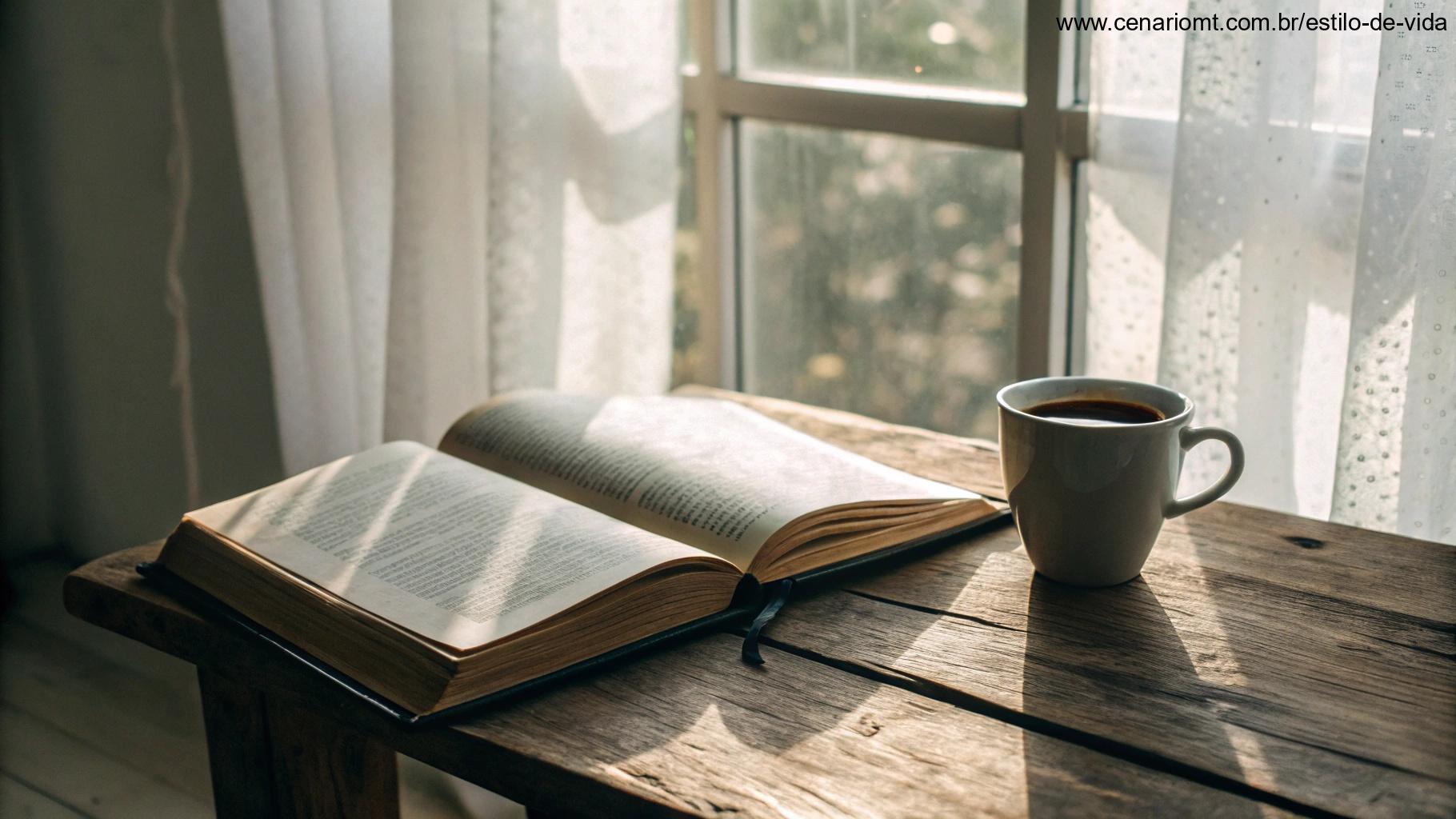 Livro aberto com uma xícara de café em uma mesa de madeira, luz da manhã entrando por uma janela com cortinas transparentes
