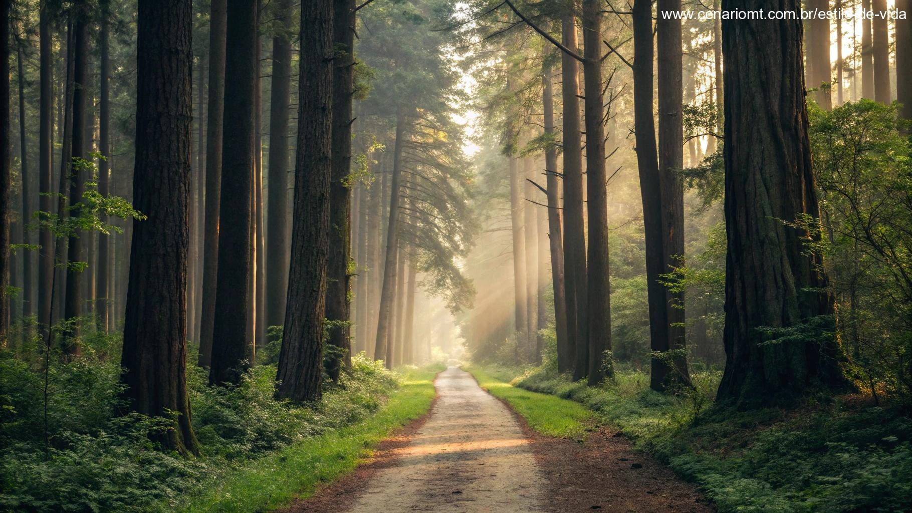 vista inspiradora de um caminho na floresta, conduzindo através de árvores altas, banhadas pela suave luz da manhã, simbolizando esperança e motivação para o dia que está por vir